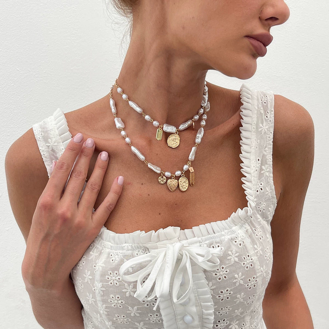 Missy Jewelry - Izel Irregular Pearl Necklace Set - Gold & Pearl Color