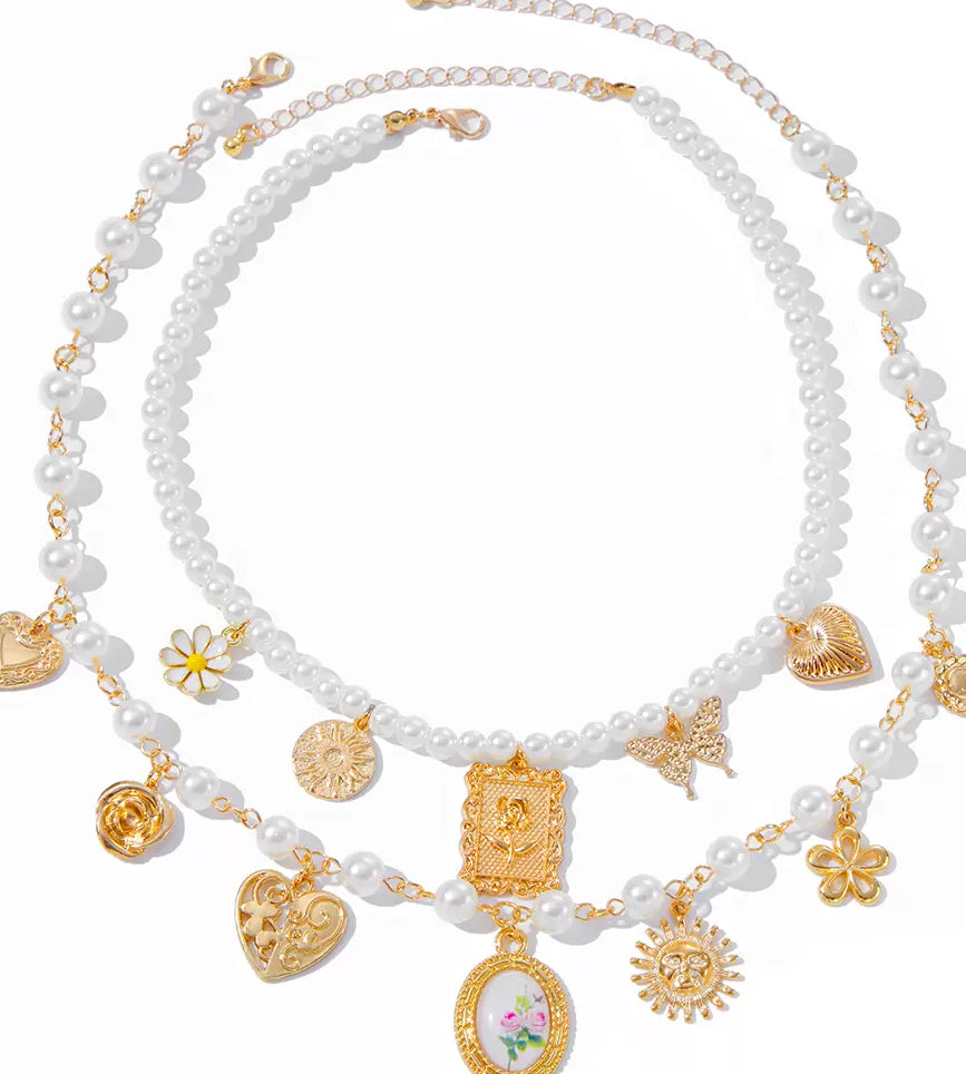 Missy Jewelry - Jameela Pearl Charm Necklace Set - Gold Color