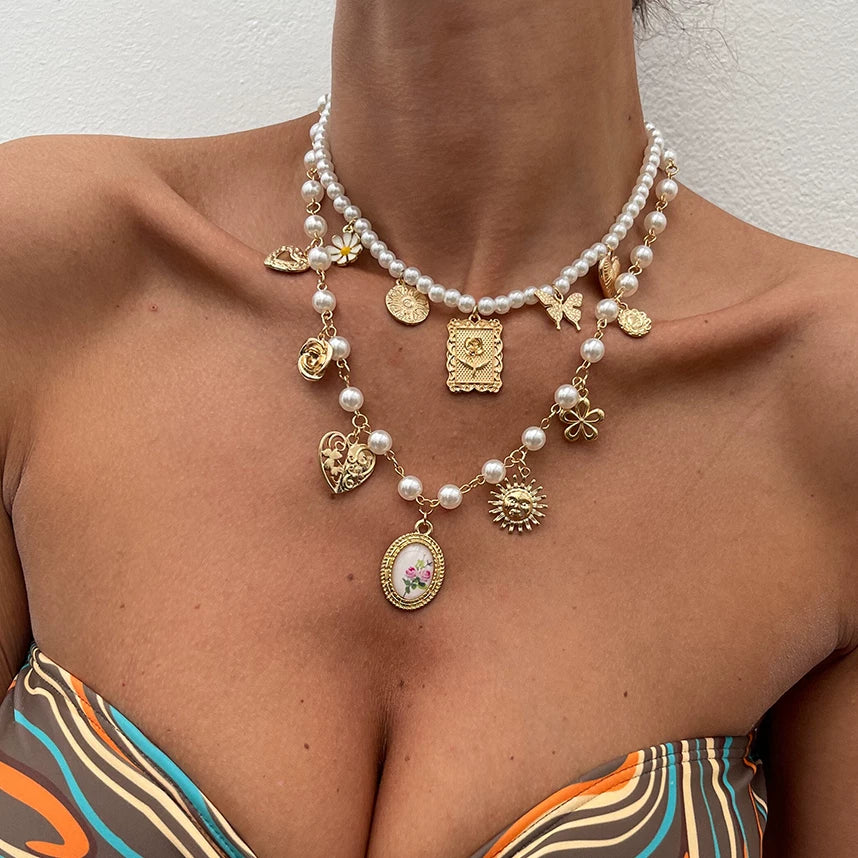 Missy Jewelry - Jameela Pearl Charm Necklace Set - Gold Color