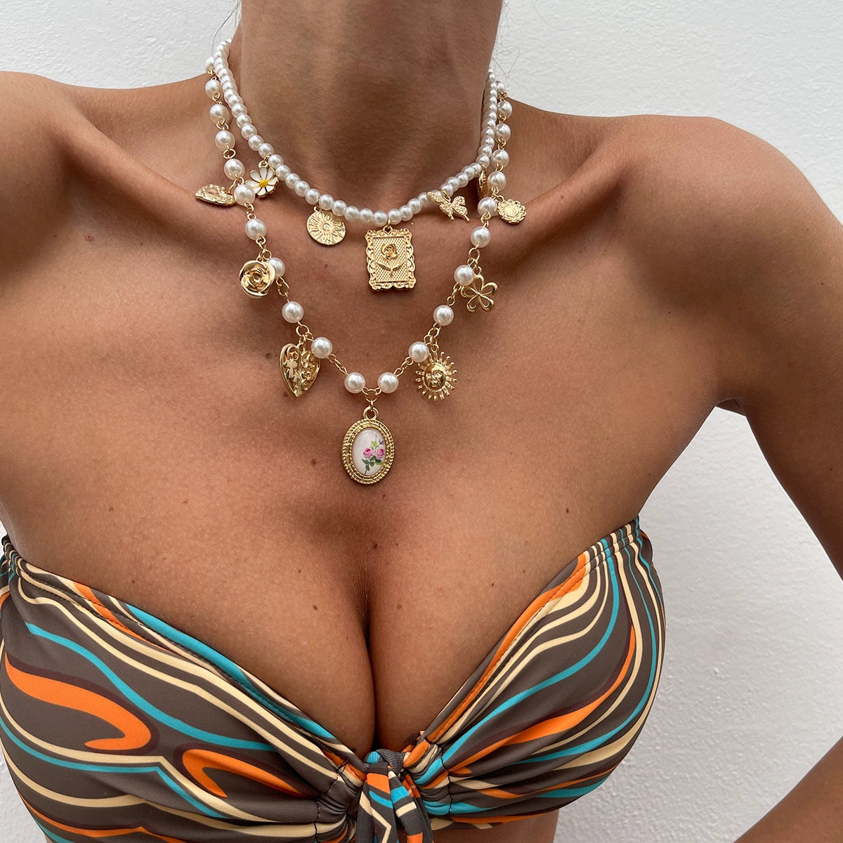 Missy Jewelry - Jameela Pearl Charm Necklace Set - Gold Color