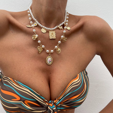 Missy Jewelry - Jameela Pearl Charm Necklace Set - Gold Color