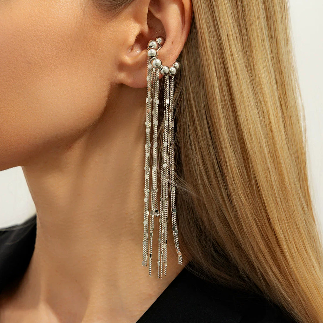 Missy Jewelry - Karalynn Long Tassel Ear Cuff - Silver Color