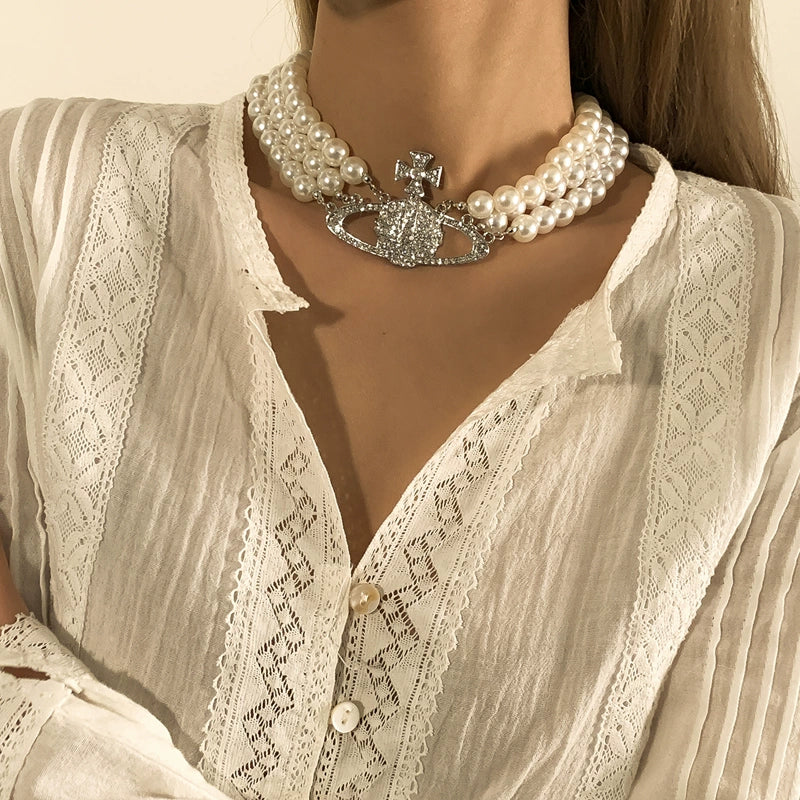 Missy Jewelry - Keagan Planet Pendant Pearl Choker - Silver Necklace Color
