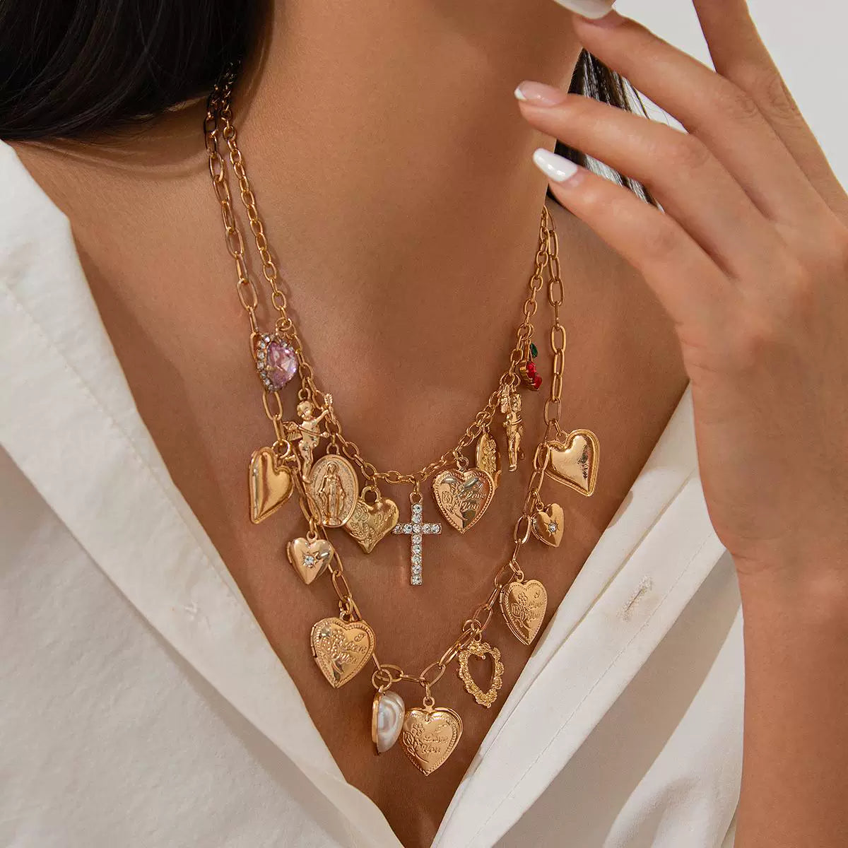 Missy Jewelry - Meryem Heart Charm Layered Necklace - Gold Color