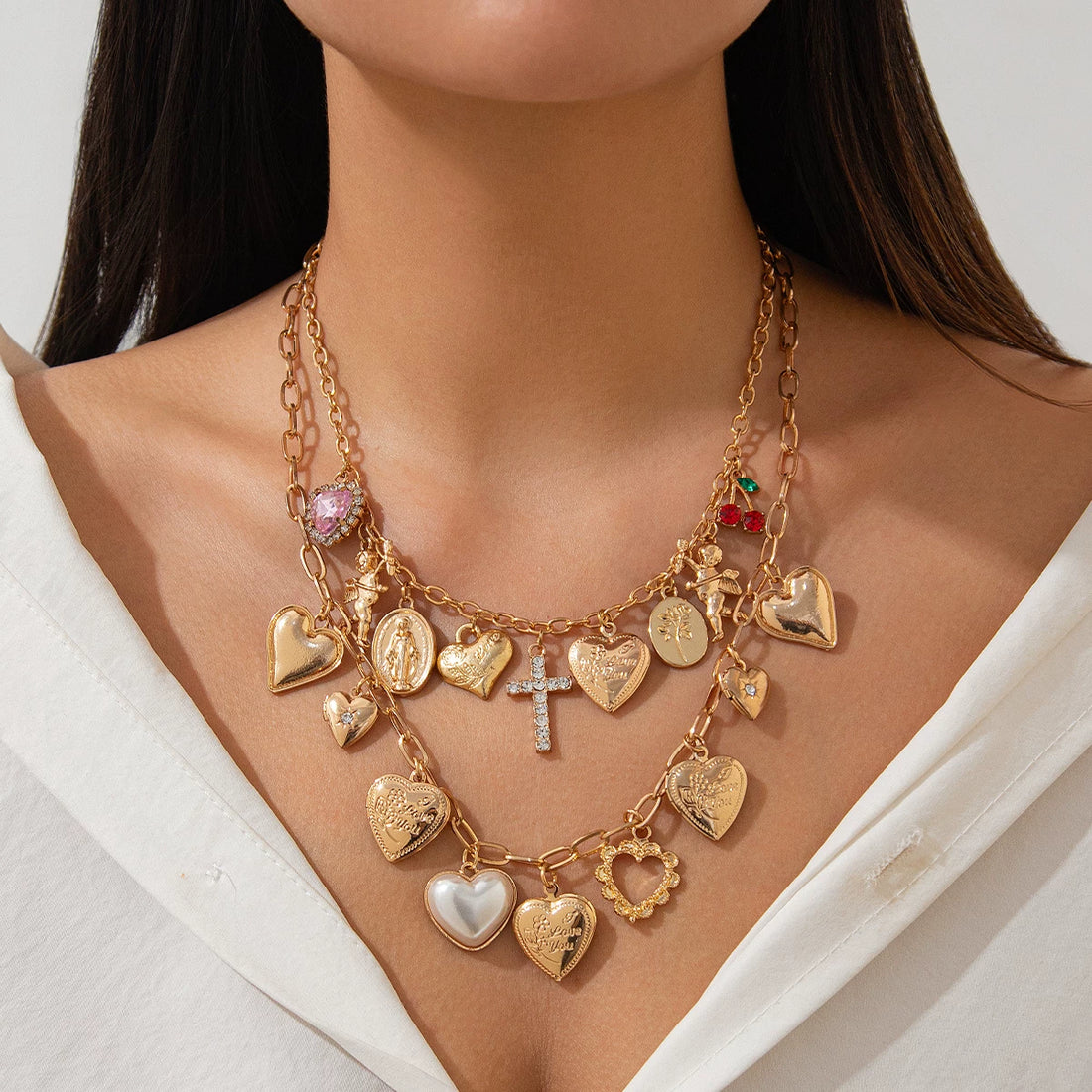 Missy Jewelry - Meryem Heart Charm Layered Necklace - Gold Color