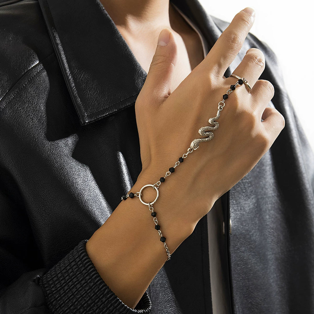 Missy Jewelry - Mirra Snake Motif Hand Chain - Silver Color