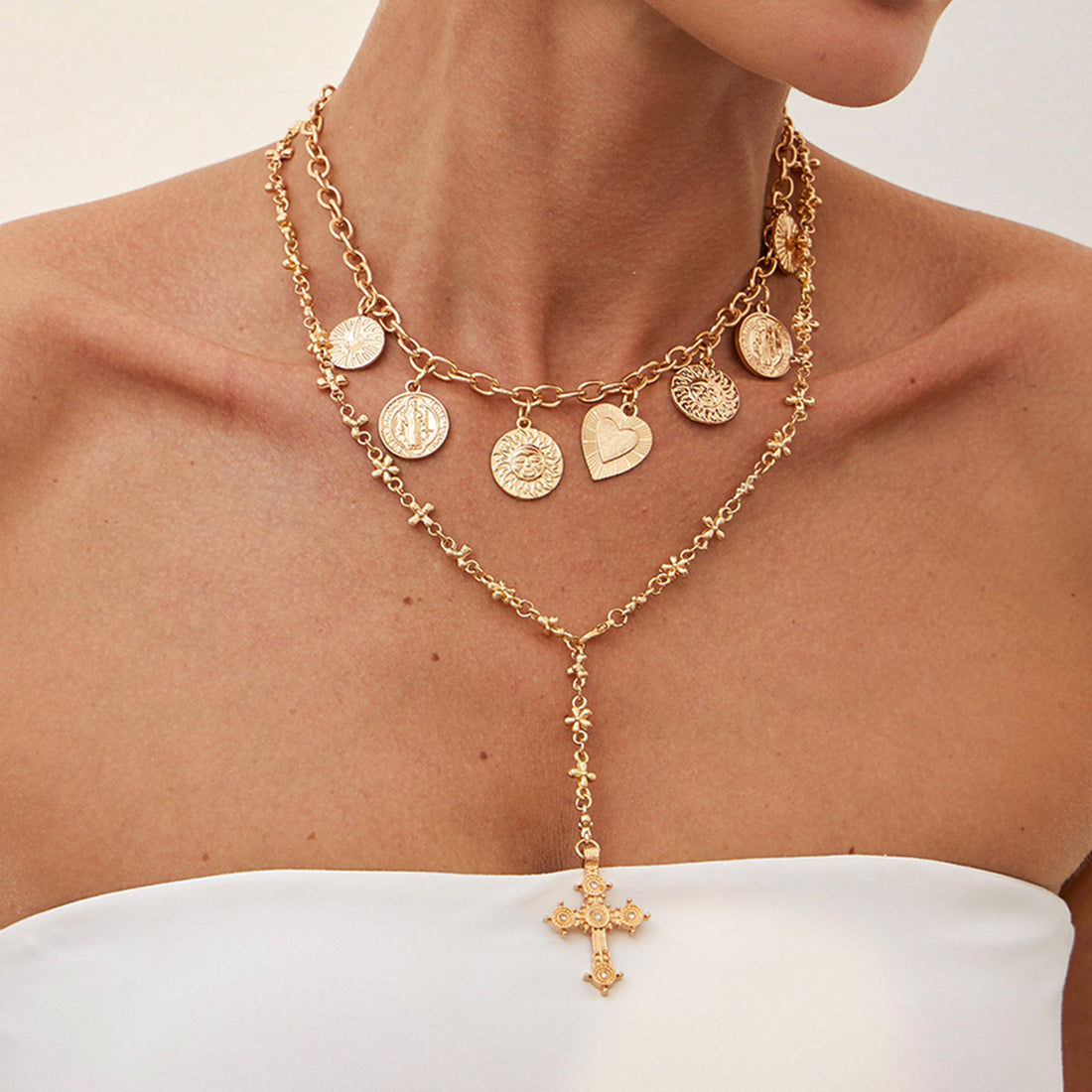 Alexia Layered Heart Cross Necklace