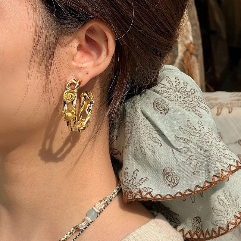 Braided Rope Sunflower Hoop Earrings [D8HAA2PK]