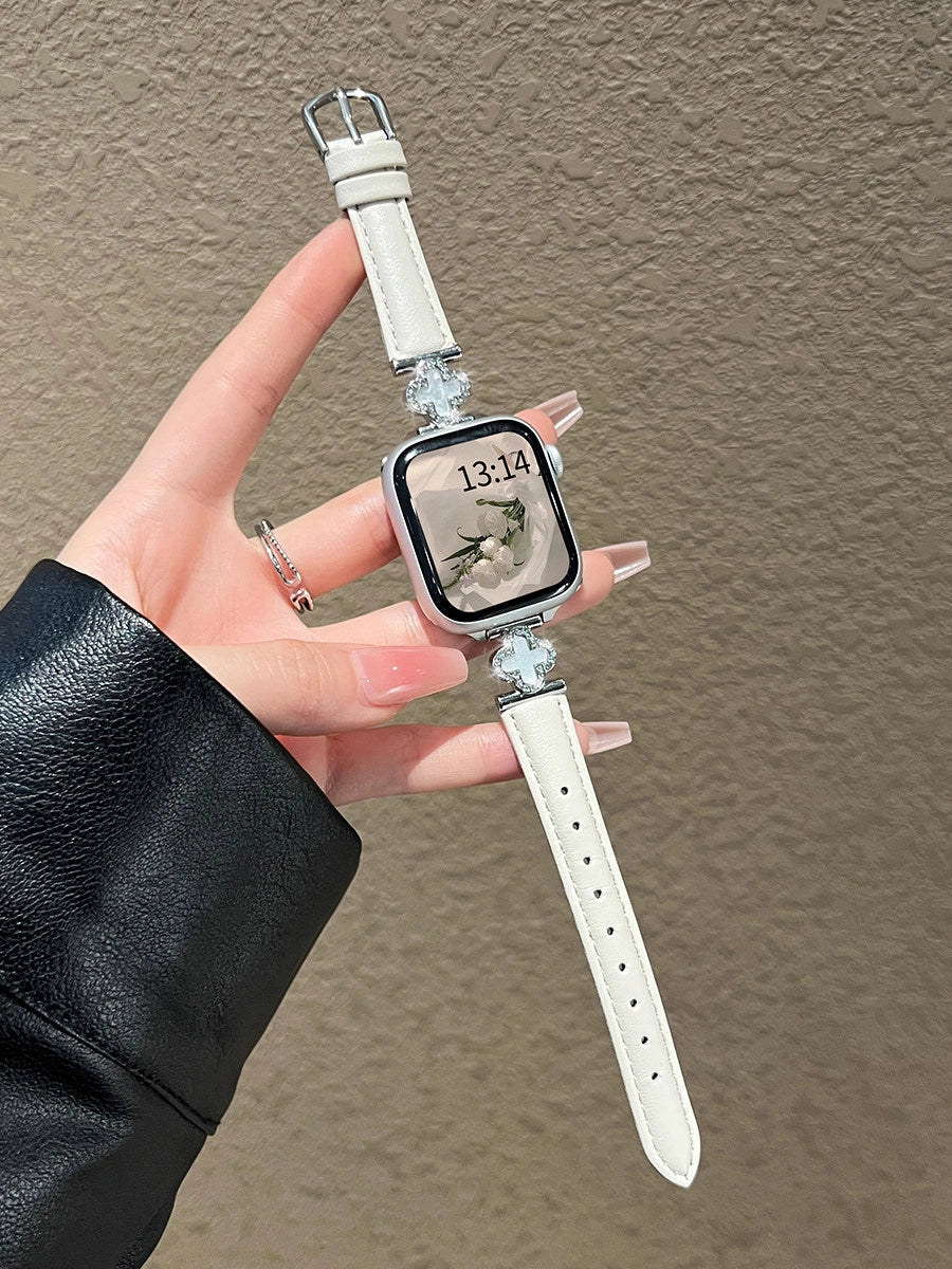 Clover Detail Leather Watch Band [C6IWIRKC]