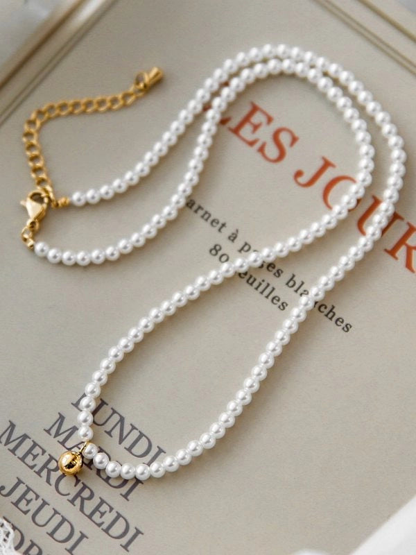 Crystal Pearl and Gold Ball Necklace [17S4M968]