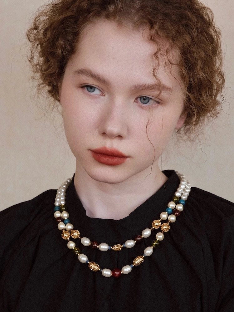 Double-Layer Pearl and Gold Chain Necklace [SG3AOL72]