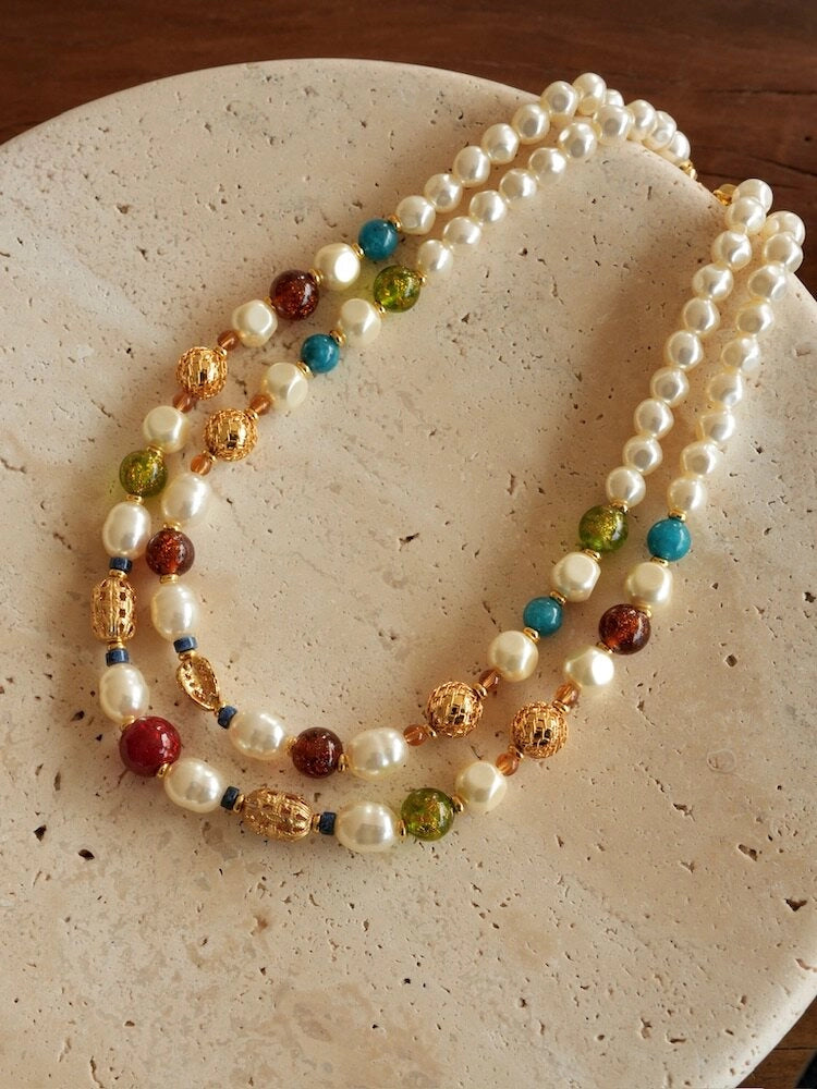 Double-Layer Pearl and Gold Chain Necklace [CSE1X5X1]