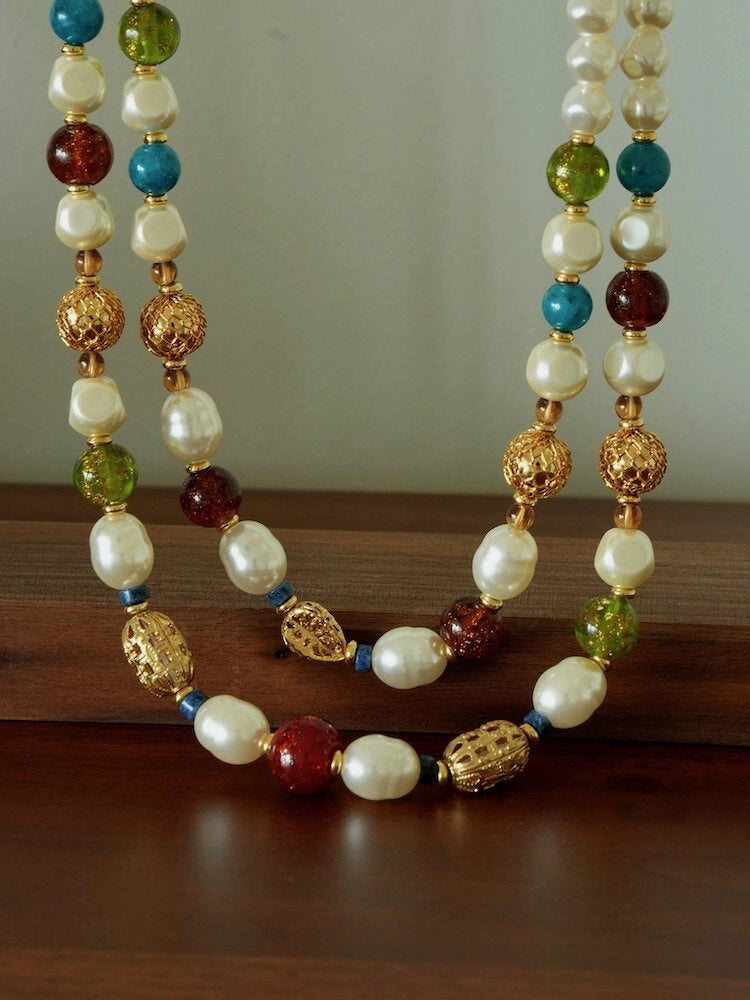 Double-Layer Pearl and Gold Chain Necklace [5J5CI8RS]