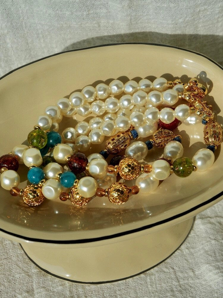 Double-Layer Pearl and Gold Chain Necklace [3KN0QK3F]