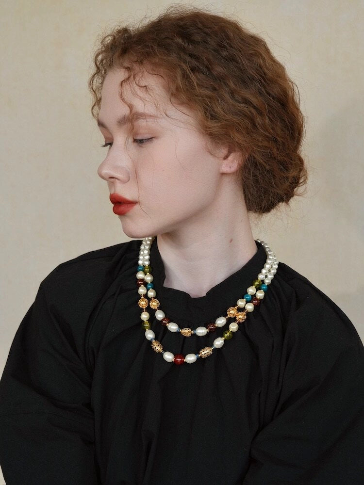 Double-Layer Pearl and Gold Chain Necklace [G8D9U19B]