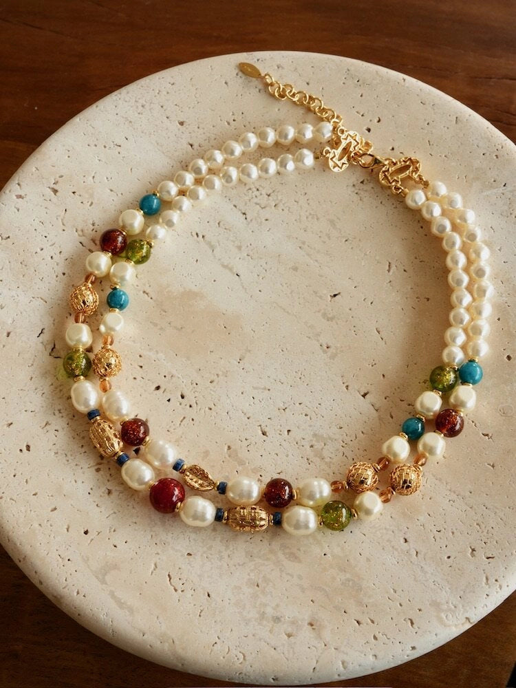 Double-Layer Pearl and Gold Chain Necklace [VLK6EASM]