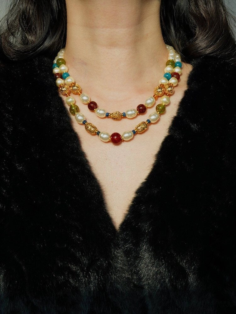 Double-Layer Pearl and Gold Chain Necklace [M2HF2SOA]