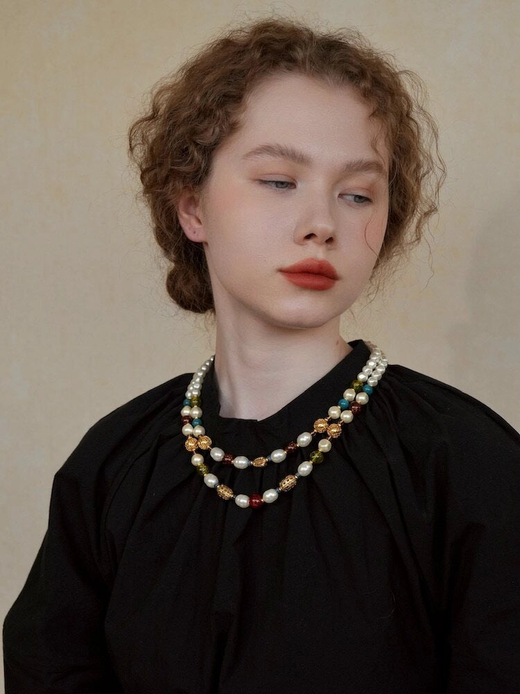 Double-Layer Pearl and Gold Chain Necklace [UW5MVGC3]