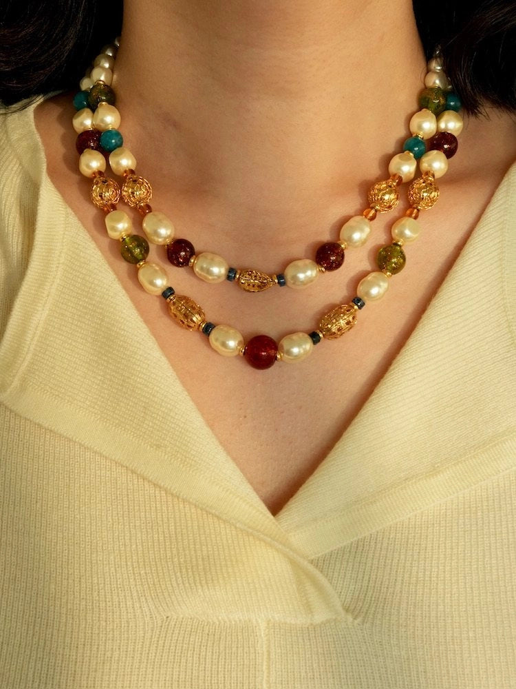 Double-Layer Pearl and Gold Chain Necklace [VATM7BWG]