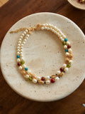 Double-Layer Pearl and Gold Chain Necklace [7J0VFZ1X]