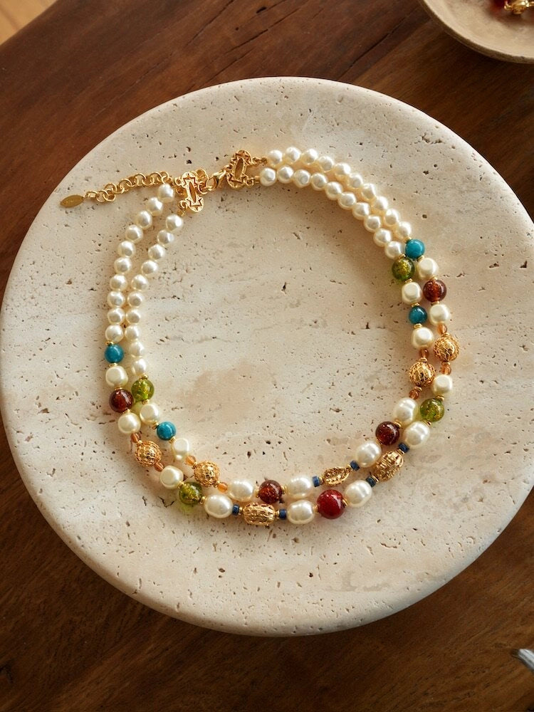 Double-Layer Pearl and Gold Chain Necklace [7J0VFZ1X]