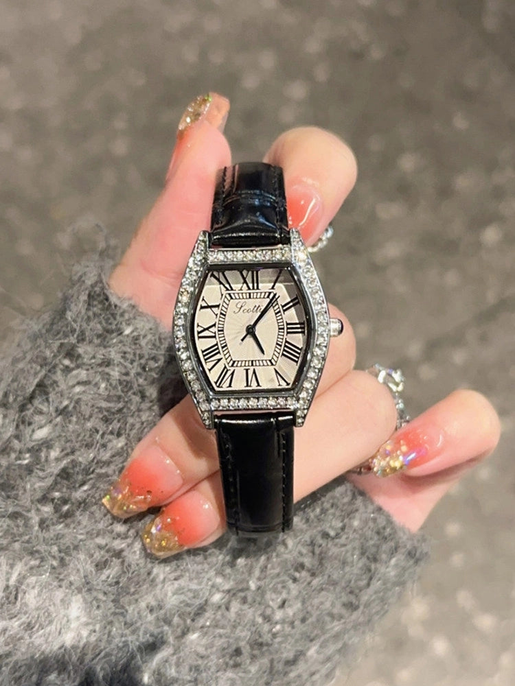 Elegant Tonneau Leather Watch [9PZ8WZE4]
