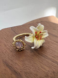 Enamel Lily Flower Adjustable Ring [2UWF3YIN]