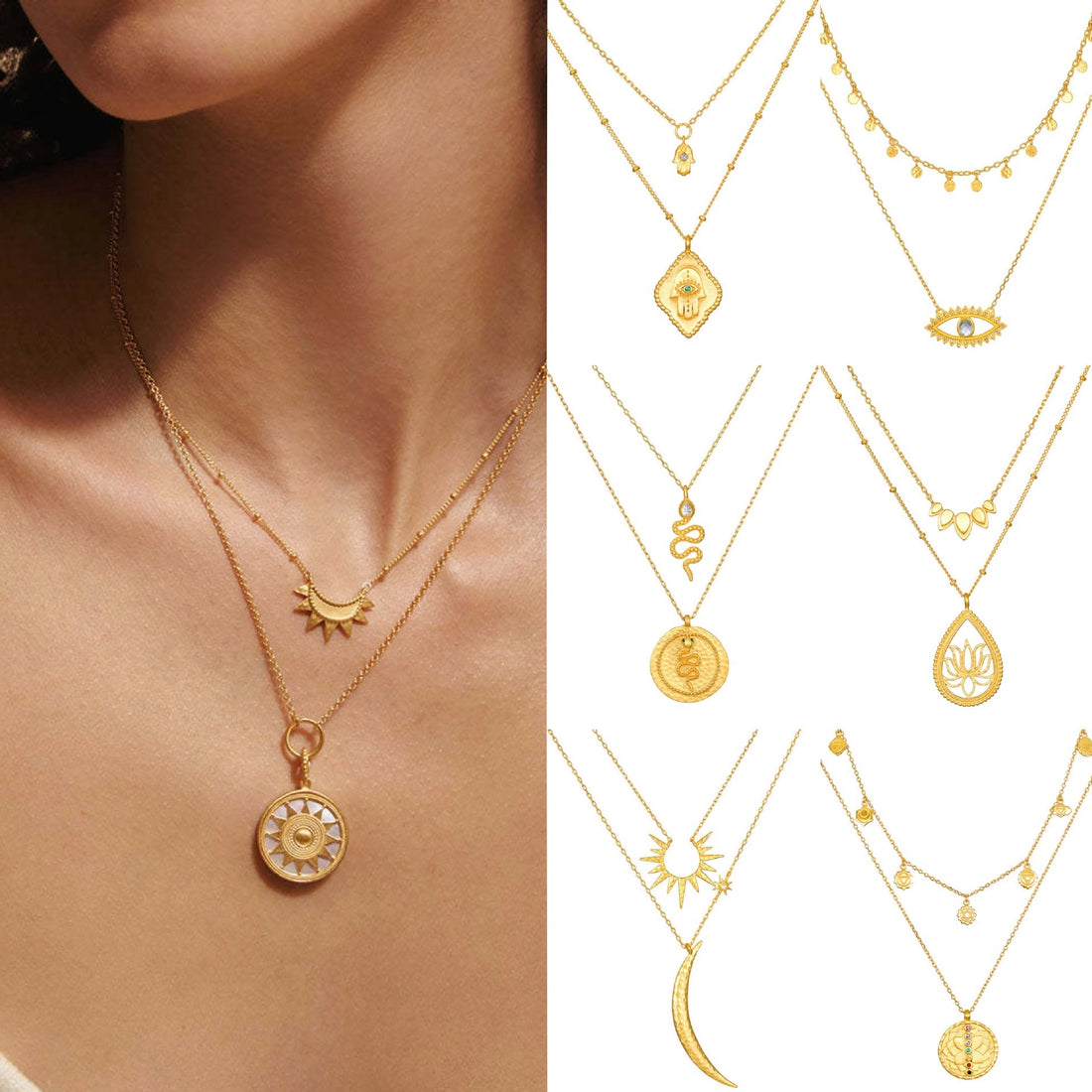 Layered Celestial Pendant Necklace [9F8G6HSN]