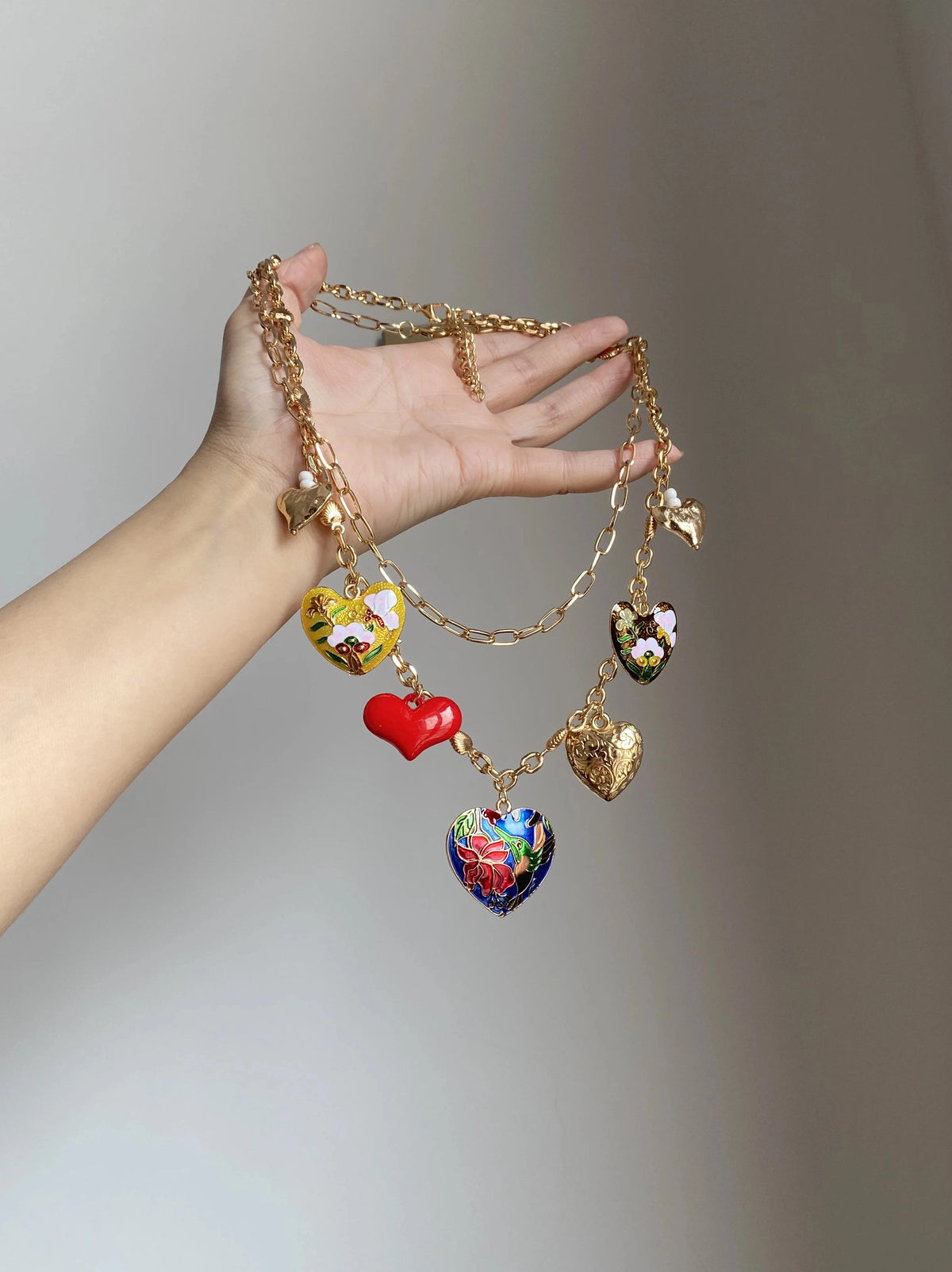Layered Heart and Flower Pendant Necklace [GBVVNJQD]