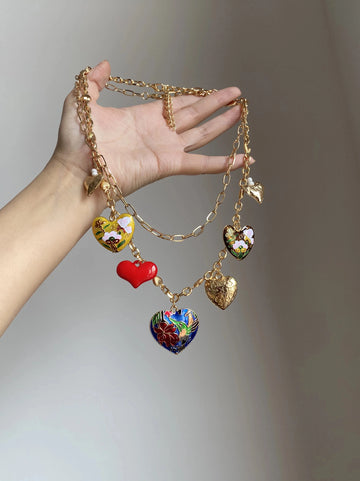 Layered Heart and Flower Pendant Necklace [EZF4EFF0]