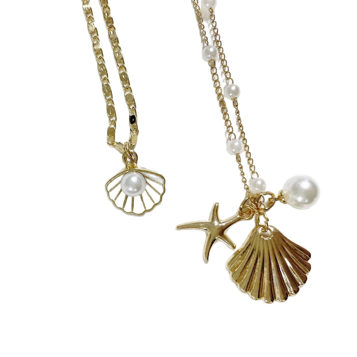 Layered Pearl and Shell Necklace [8S2XO58E]