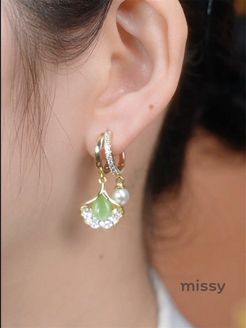 Leidy Ginkgo Pearl Drop Earrings - Green
