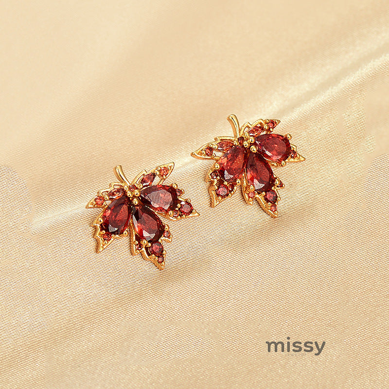 Lowen Red Rhinestone Leaf Studs [ORL7EK85]