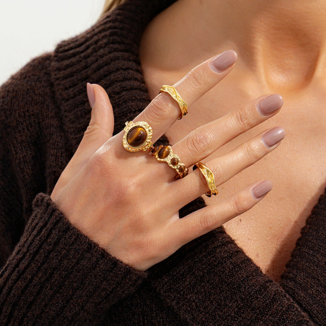 Organic Gemstone Open Ring Set [JHJ0NOY3]