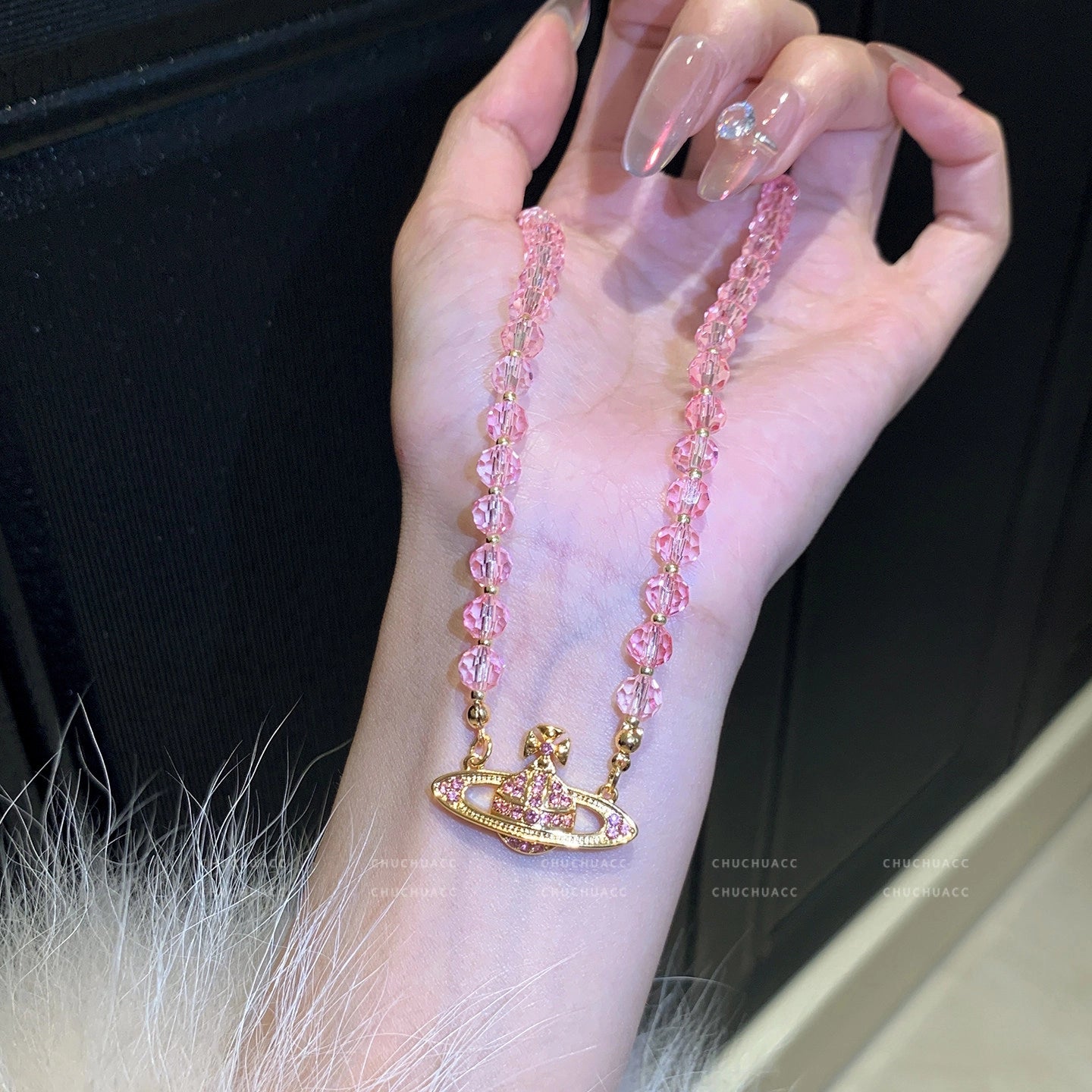 Pink Crystal Saturn Beaded Necklace [OMP5KKGO]