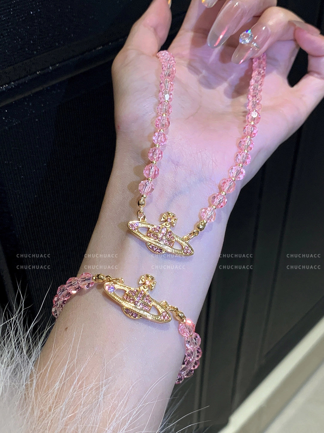 Pink Crystal Saturn Beaded Necklace [ZTOIZMW8]