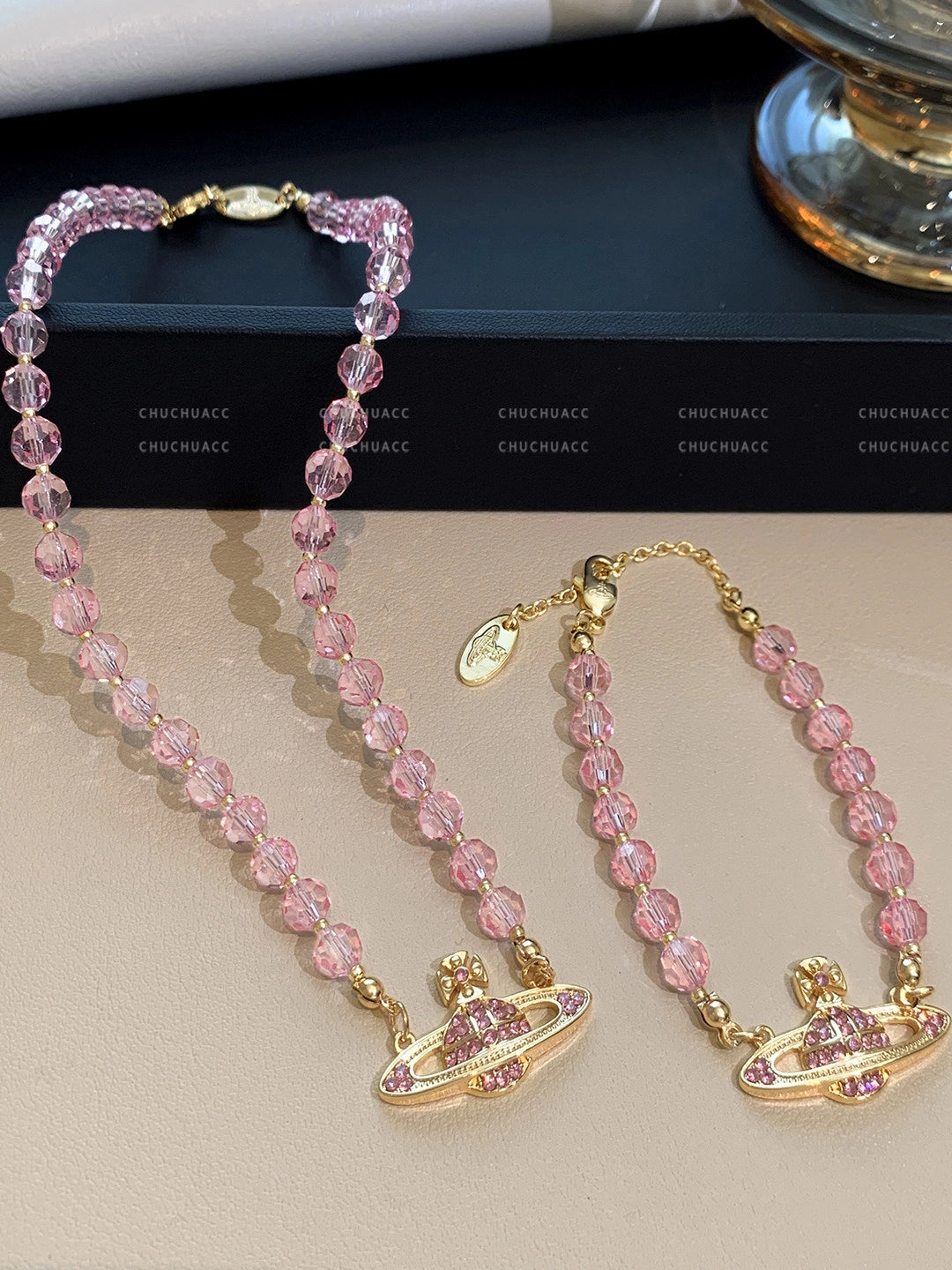 Pink Crystal Saturn Beaded Necklace [NUGYO680]