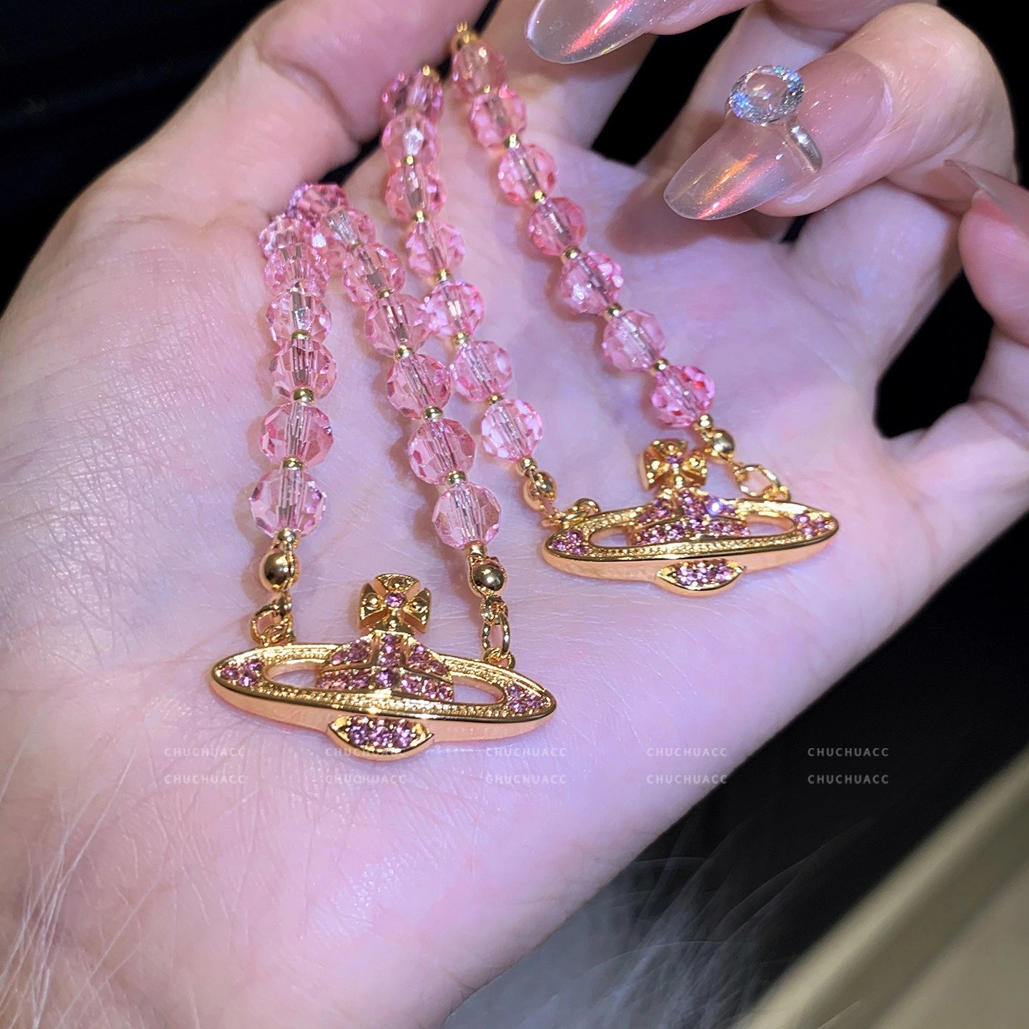 Pink Crystal Saturn Beaded Necklace [B6G15QP1]