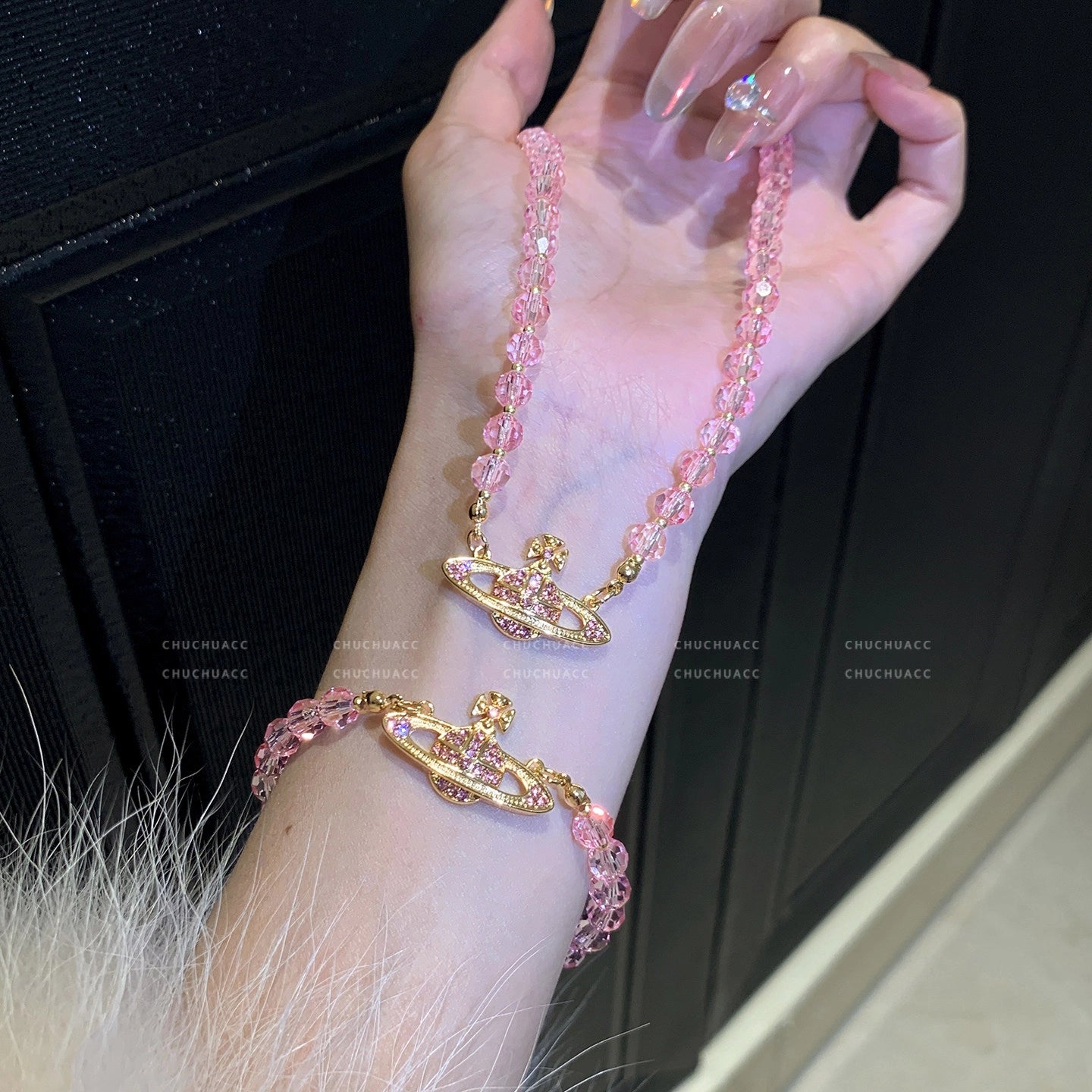 Pink Crystal Saturn Beaded Necklace [OP9AJIKX]