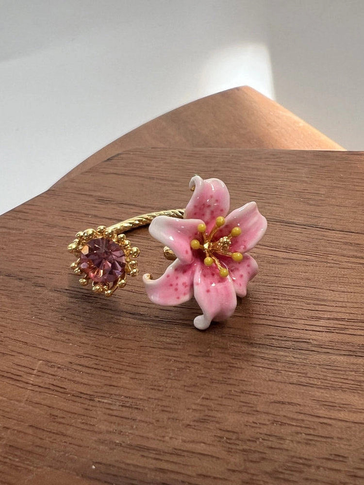 Pink Lily Enamel Open Ring [3R43YQGY]