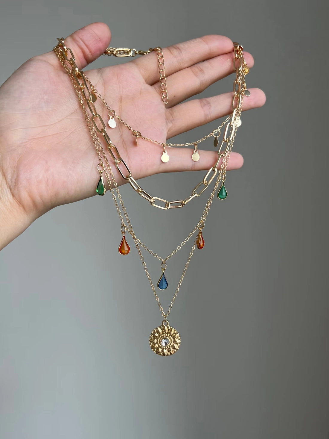 Retro Layered Gemstone Necklace [R1ZMNKQZ]