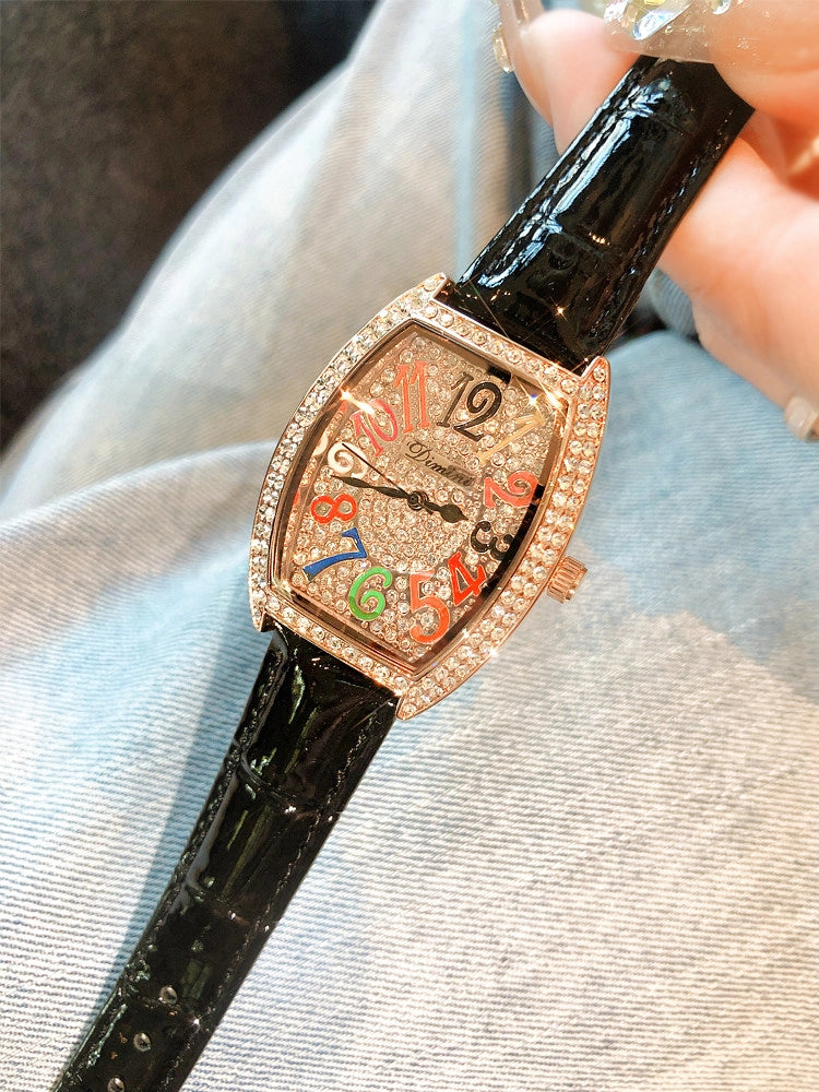 Rhinestone Tonneau Leather Strap Watch [CVVHDPKZ]