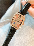 Rhinestone Tonneau Leather Strap Watch [7BDKTAKF]