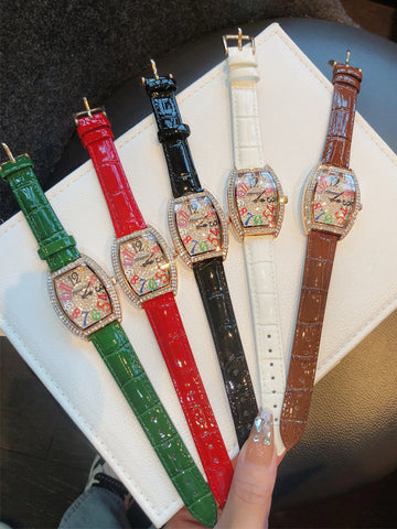 Rhinestone Tonneau Leather Strap Watch [CVVHDPKZ]