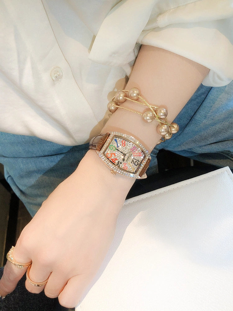 Rhinestone Tonneau Leather Strap Watch [LEGB4C0A]