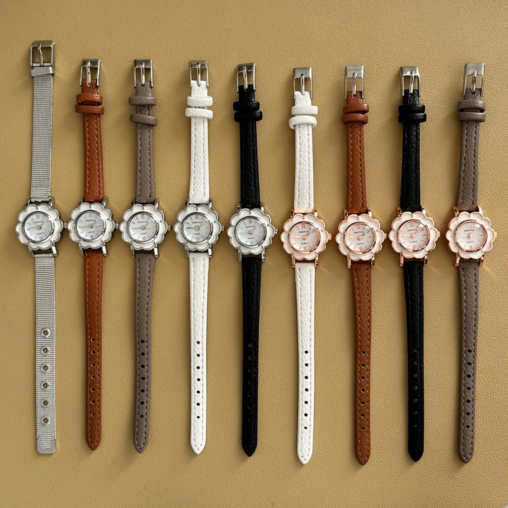 Round Floral Dial Faux Leather Watch [W0BRMI6E]
