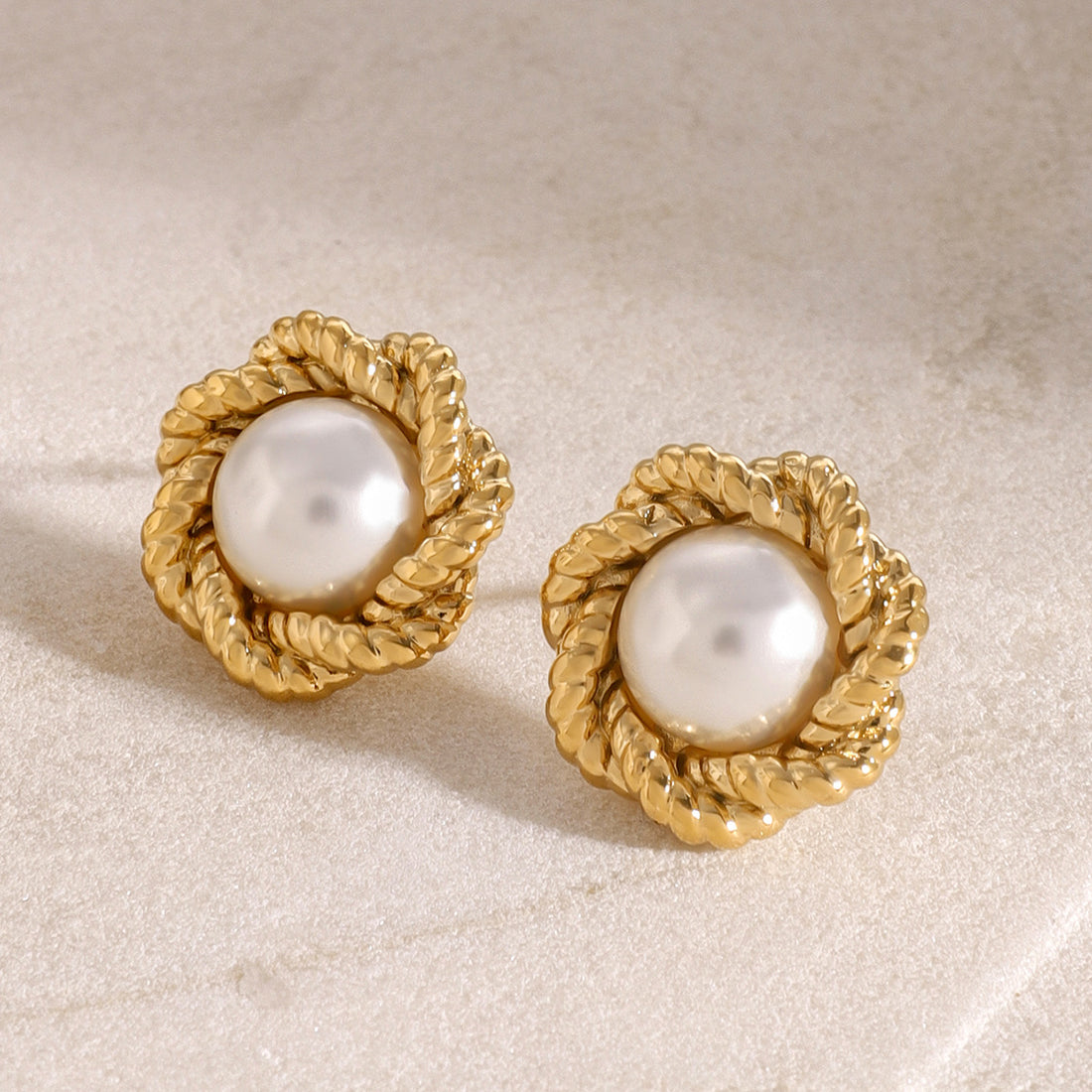 Saria Gold Flower Pearl Stud Earrings