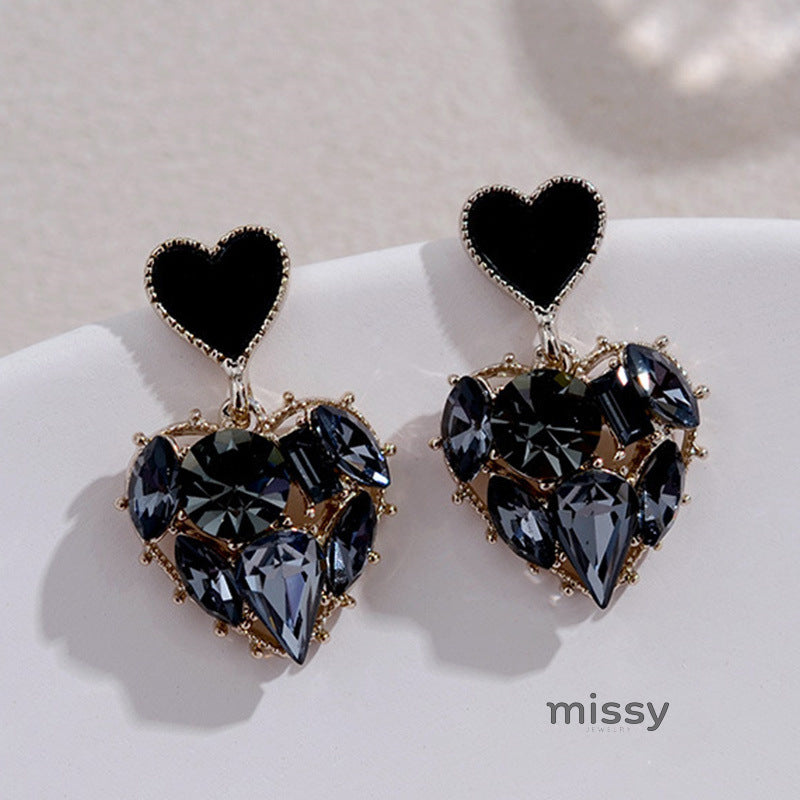 Shaindel Black Rhinestone Heart Earrings [LVMGDJZ1]
