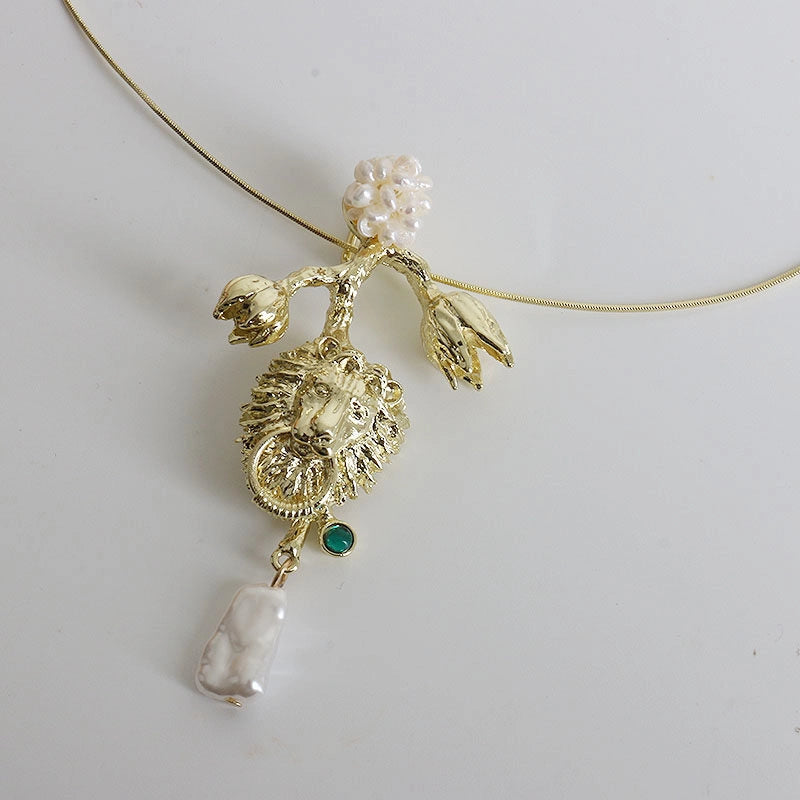 Vintage Lion Pearl Chain Brooch [8HHRYBTA]