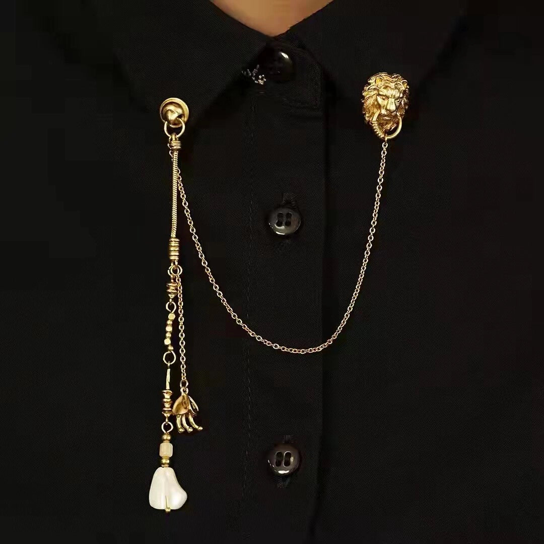 Vintage Lion Pearl Chain Brooch [MV2BBTIH]